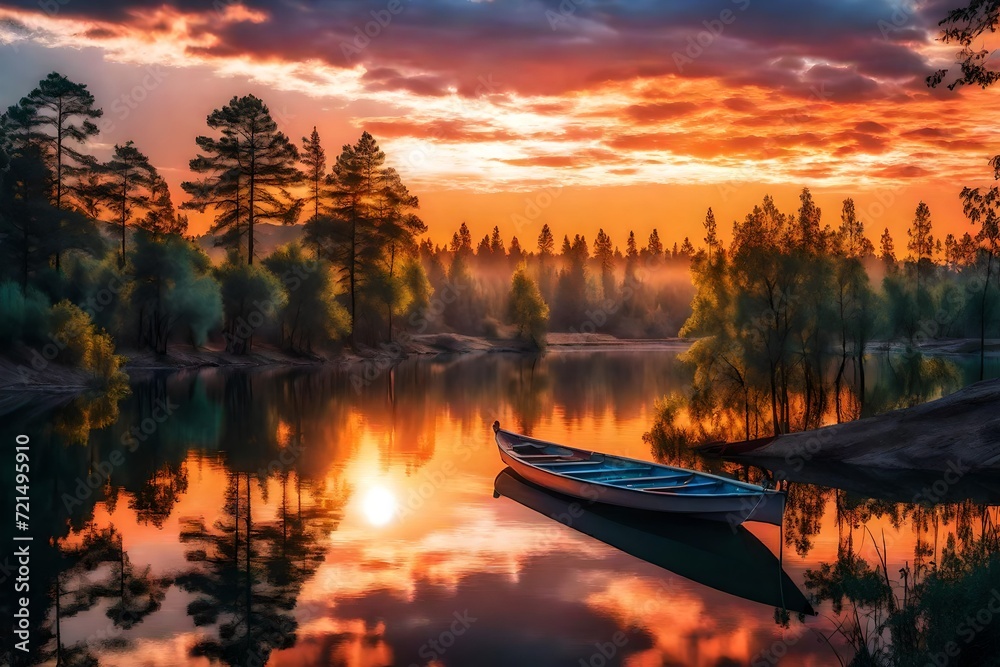 An enchanting sunset at a peaceful lake, with the colors reflecting in a painterly manner