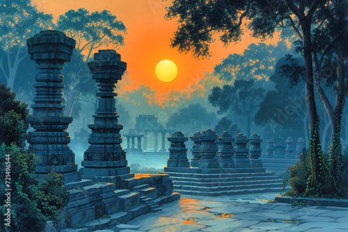 Ancient Temple in Asia: Religious Landmark with Stone Architecture at Sunrise, Cultural Heritage and Tourism