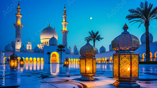Grand Sheikh Zayed Mosque at dusk, with its majestic white marble architecture against the Abu Dhabi skyline photo