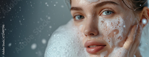 Close up, woman's face with splashing water on foamy skin. Image for hydrating facial cleanser advertisement. Spa menu's feature treatment or skincare product. Banner with copy space.