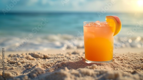 realistic illustration of a peach fuzz drink in a glass on the beach