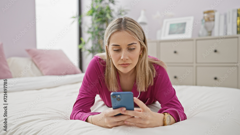 Blonde woman lying on bed using smartphone in a cozy bedroom interior Blonde woman lying on bed using smartphone in a cozy bedroom interior