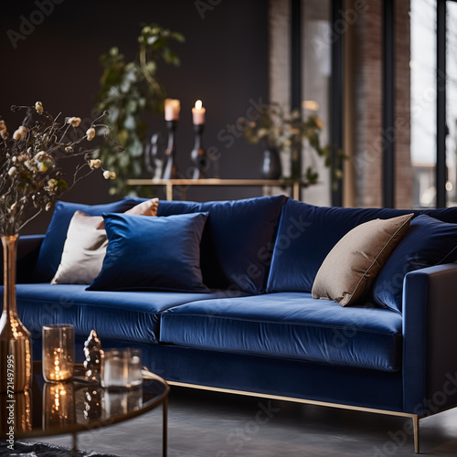 close up on a navy blue quilted velvet sofa with beige pillows in a classic living room, glamour style