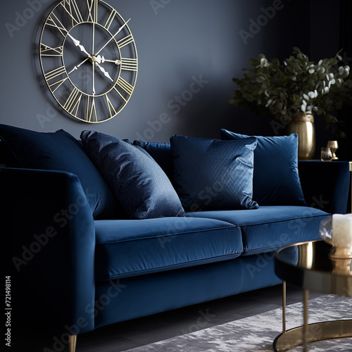 close up on a navy blue quilted velvet sofa with pillows in a classic living room