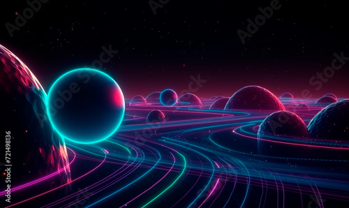 Neon synthwave star roads around planets background. Galactic 3d curve highway with purple round lines of energy and whirlpool of flares in night space with futuristic orbits
