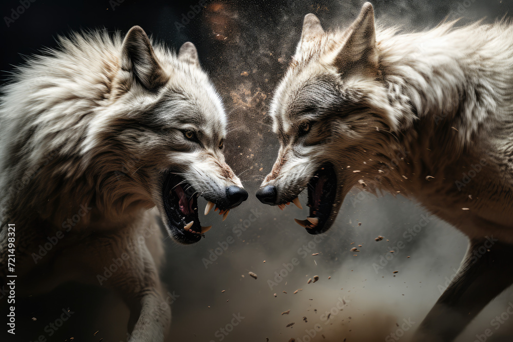 Two wolves are fighting in the snow. Two wolves are fighting.