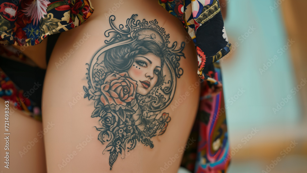 A woman in a short skirt proudly displays her new tattoo a womans face with flowers on her upper thigh