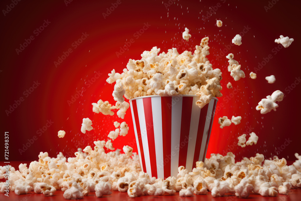 Popcorn in a striped bucket on a red background. 3d rendering Popcorn in a striped bucket on a red background. 3d rendering