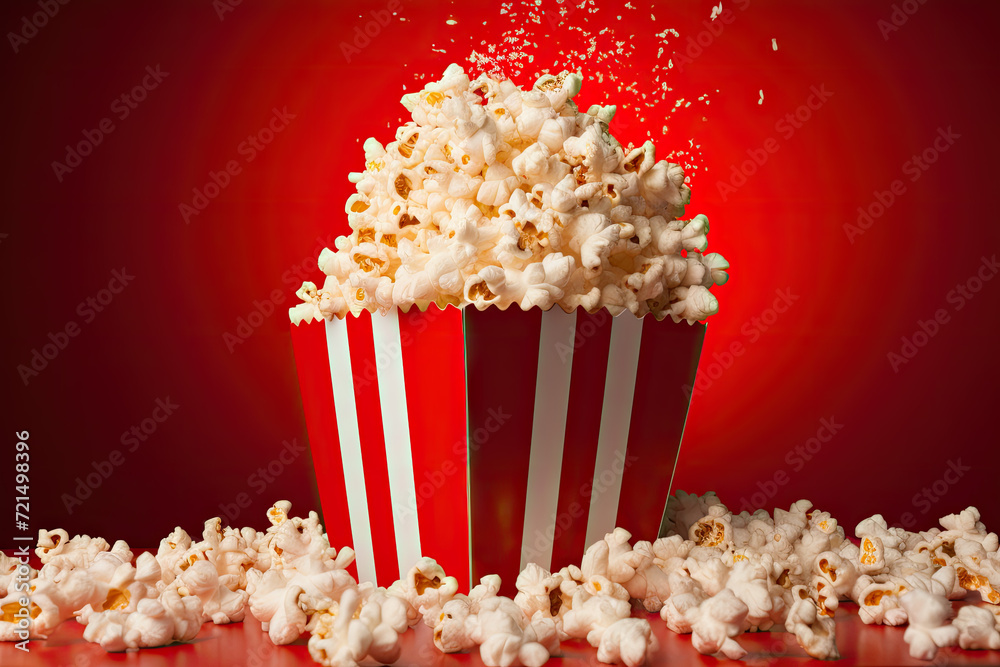 Popcorn in a striped bucket on a red background. 3d rendering