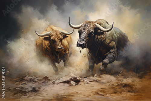 Bulls fighting in the studio with smoke background photo