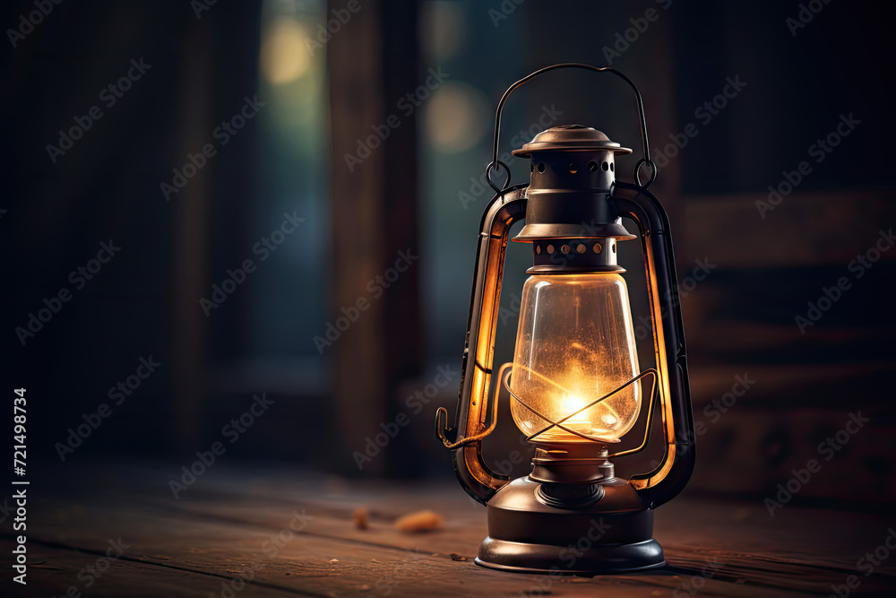 Lantern on the background of a wooden house in the forest