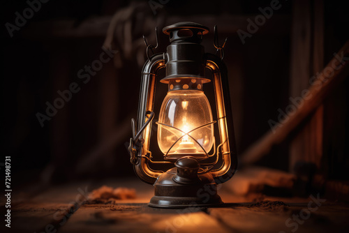 Lantern on the background of a wooden house in the forest