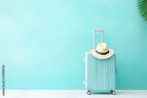 Summer holiday background with hat, sunglasses, suitcase and copy space.