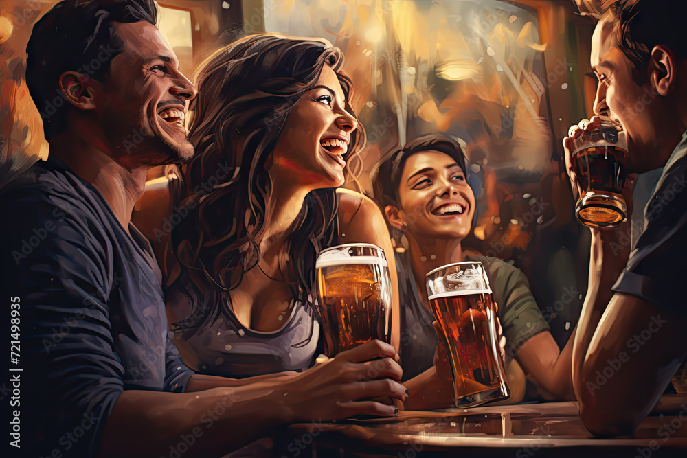 Happy friends drinking beer and having fun on street. Vector illustration