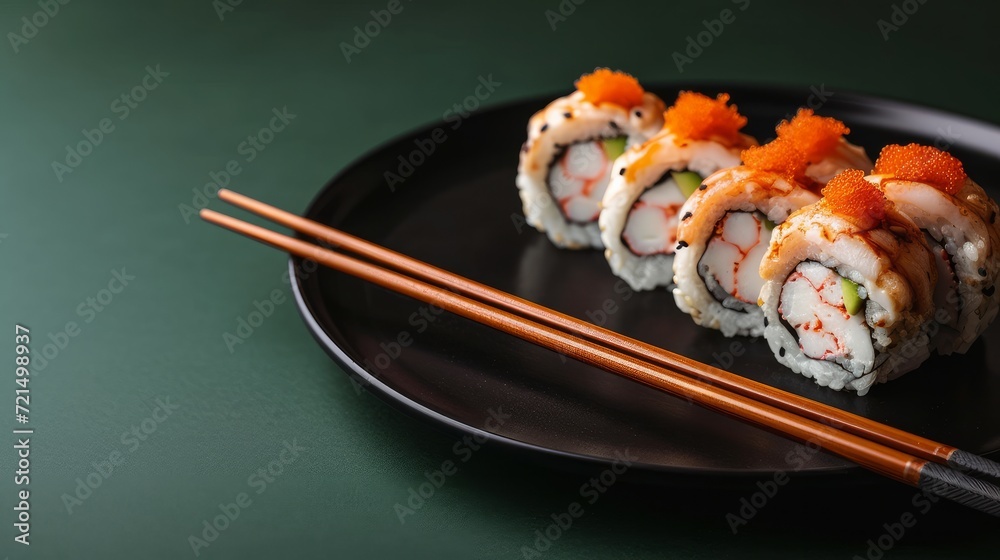 An enticing sushi roll with shrimp and unagi sauce An enticing sushi roll with shrimp and unagi sauce