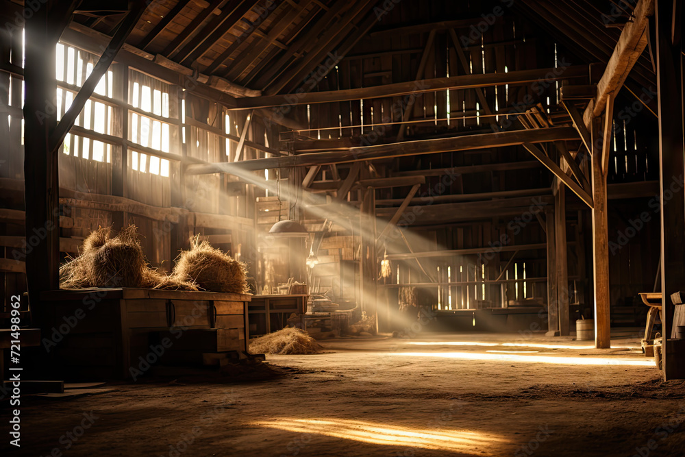 Wooden barn with sunlight shining through the roof, vintage style.