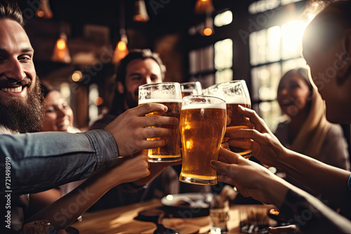 Group of young people clinking glasses with beer while sitting in pub photo