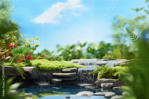 Fantasy garden with stones and plants on blue sky background, nature concept