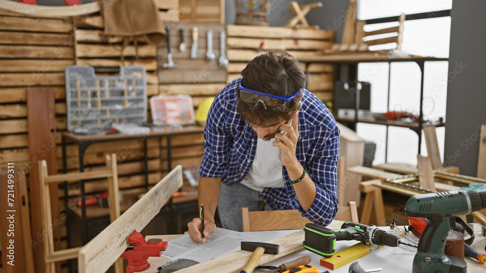 Handsome young arab carpenter taking notes and talking business on his smartphone amidst woodwork indoors at his bustling carpentry workshop