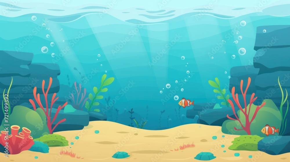 flat design cartoon illustration of an underwater sea scene, perfect ...