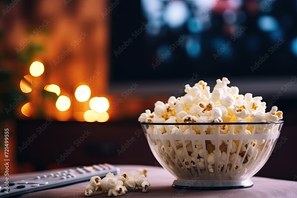 Popcorn in a glass bowl and TV remote control on the table Popcorn in a glass bowl and TV remote control on the table