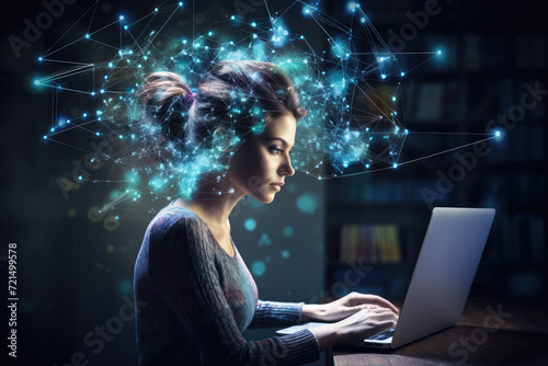Young businesswoman working on laptop in dark room. 3D rendering