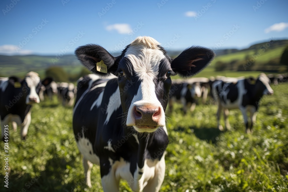 Female black and white cow in field looking at camera