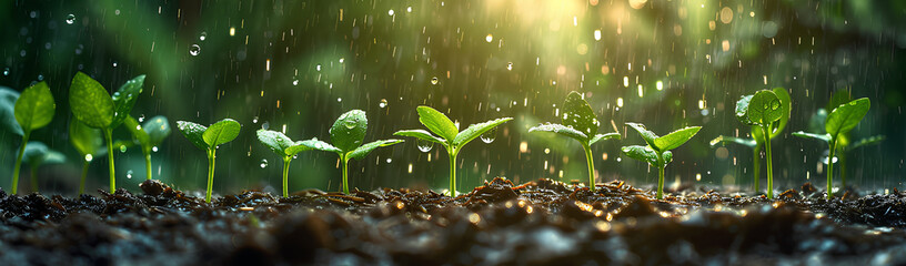 young plants growing on the ground in the rain save lives, banner