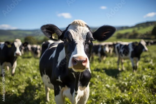 Female black and white cow in field looking at camera © SaroStock