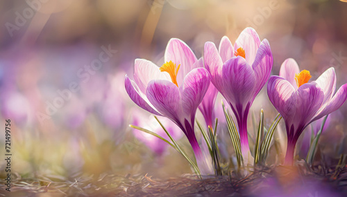 Fioletowe krokusy, piękne wiosenne kwiaty photo