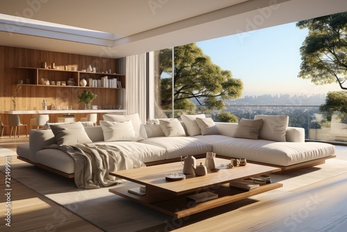 Modern 3D interior room design Featuring sleek minimalist furniture in neutral tones