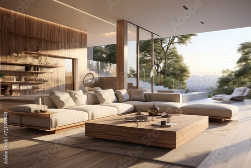 Modern 3D interior room design Featuring sleek minimalist furniture in neutral tones © SaroStock