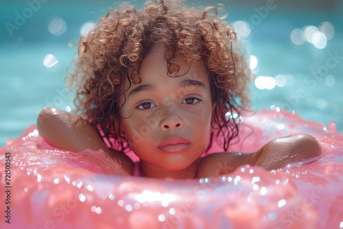 A curious young girl with a beaming smile dives into the crystal clear water of the outdoor pool, her tiny face reflecting pure joy as she swims freely like a little mermaid