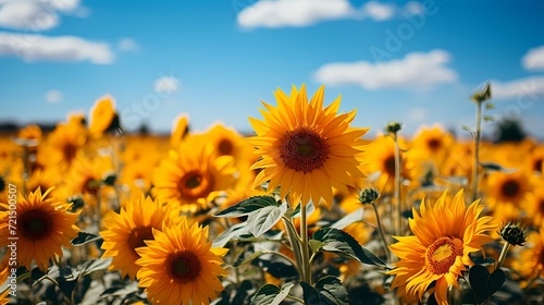 A field of sunflowers stretching towards the horizon under a bright blue sky