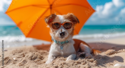 A serene beach day for this content pup, enjoying the warm sand and shade under an umbrella