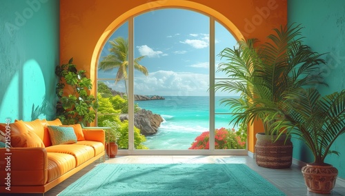 A luxurious resort room with elegant furniture and a large arched window, providing a stunning view of the crystal blue ocean and lush palm trees