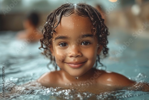 A joyful young girl embraces the water in an indoor swimming pool  her smiling face radiating pure delight as she learns to swim and play