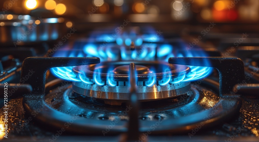 The fiery blue glow of the gas stove sets the kitchen ablaze, beckoning for a warm meal to be cooked on its inviting surface The fiery blue glow of the gas stove sets the kitchen ablaze, beckoning for a warm meal to be cooked on its inviting surface