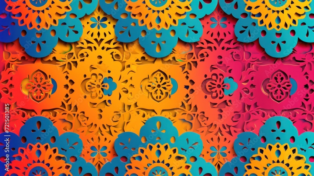Fototapeta premium Perforated bright patterns Papel Picado pattern on a color background
