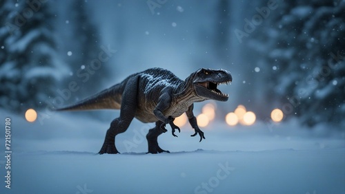 dinosaur  walking through the snow tyrannosaurus