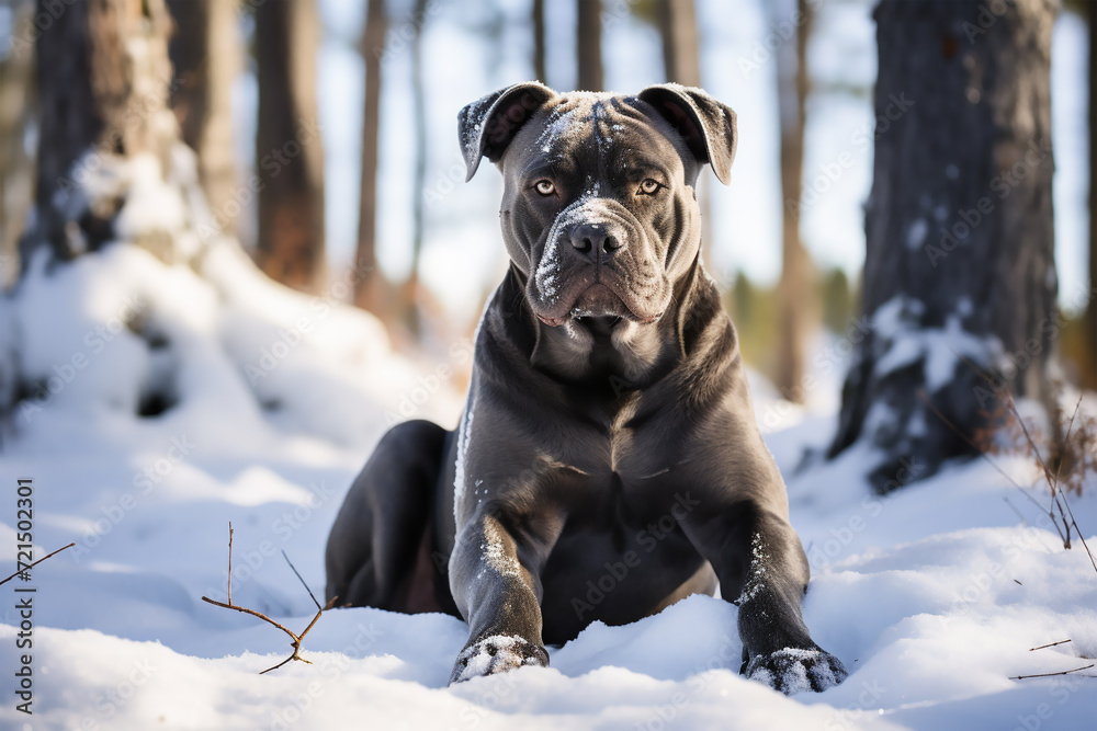 Cane corso dog sitting on snow