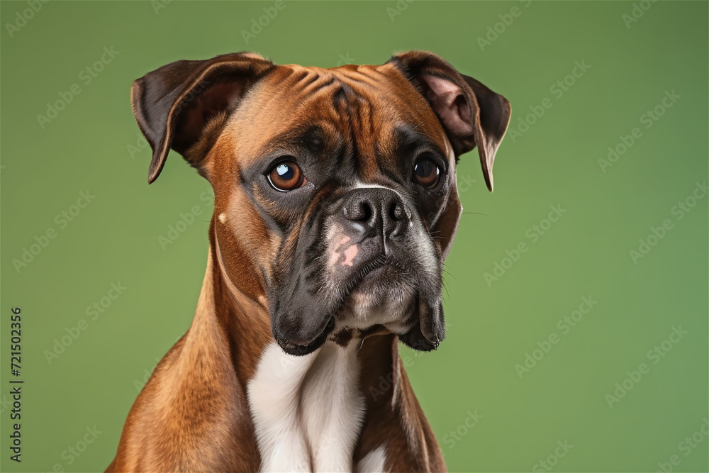 Boxer dog portrait isolated on green background