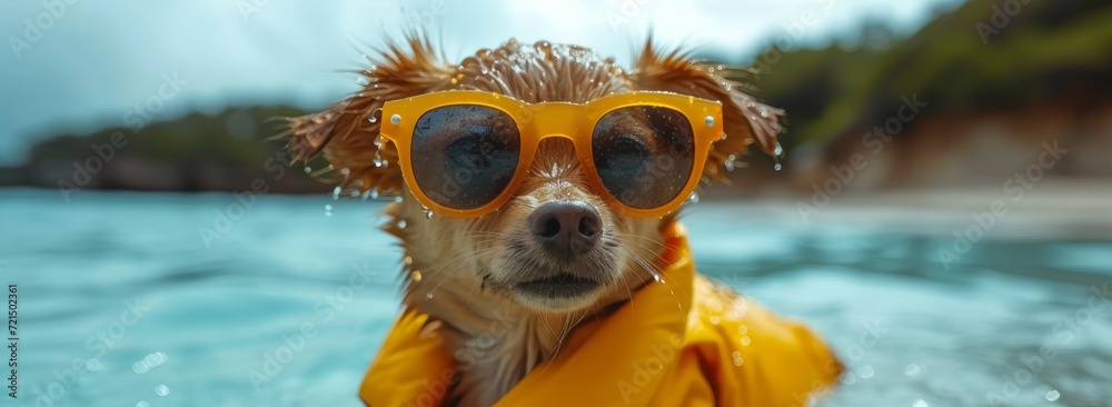 Amidst a vibrant yellow sky, a stylish dog dons sunglasses and a raincoat, ready to take on the great outdoors with its goggles and love for swimming