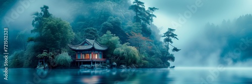 A landscape depiciting a small Japanese house on a secluded island with tall trees surrounded by a lake in the early morning mist.