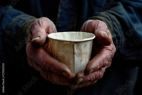 An old man's hands are holding an empty white paper cup. Close-up. Generated AI