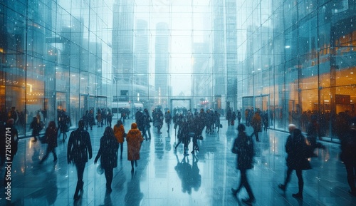 A diverse group of individuals navigate through a sleek glass building, their reflections blending with the wintry city streets outside