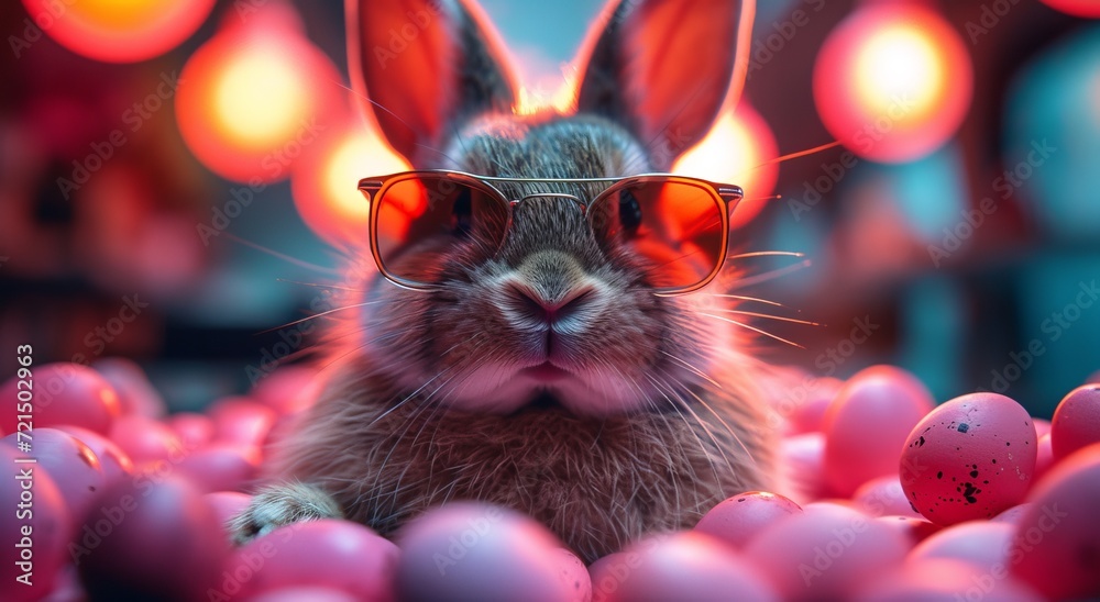 A stylish mammal struts confidently in the sun, sporting trendy sunglasses atop its fluffy head - a cool and collected bunny ready to take on the day