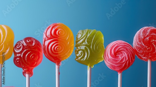 Colorful lollipops on blue background, close-up