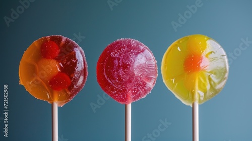 Colorful fruit lollipops on blue background, close up