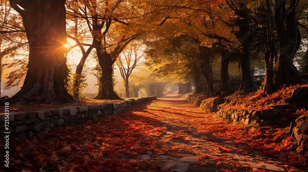 A path lined with colorful fallen leaves, AI Generative.